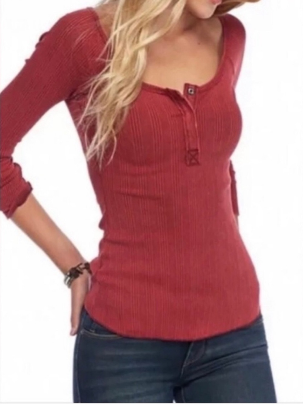Free People We The Free Jill Henley Ribbed Top in Wine Maroon Medium